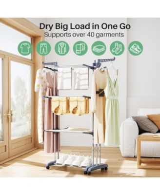 Clothes Drying Rack - Foldable Movable Clothes Rack Drying 30.0" W to 59.0" W Extensible Drying Rack Clothing Oversized 4-Tier Stainless Steel Large Clothes Rack Drying Indoor and Outdoor