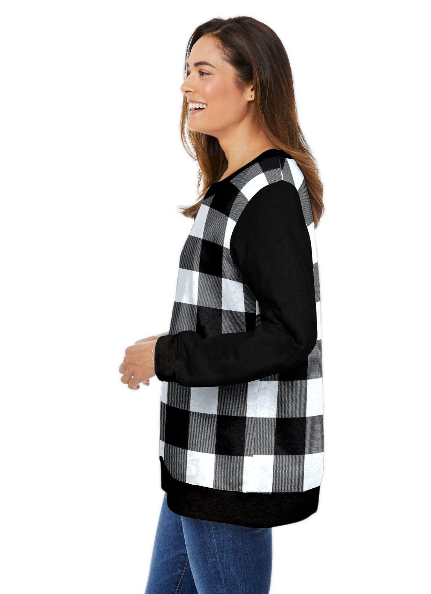 Женский свитшот Woman Within Plus Size Within Printed, цвет: Чёрный клетчатый — фото 3