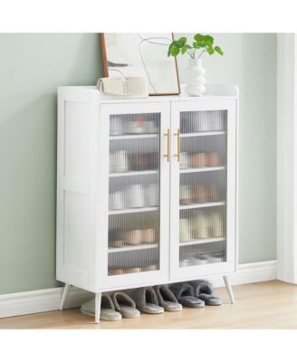Shoe Cabinet with Glass Doors, 5-Tier Entryway Shoe Organizer Storage Rack with Large Capacity and Adjustable Shelves for Hallway, Living Room, White