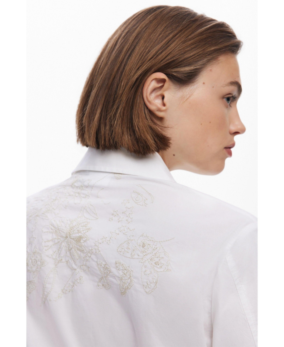 Desigual Embroidered Long Sleeve Stretch Cotton Button-up Shirt In White