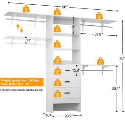 8-Foot Walk-In Closet Organizer with 3 Shelving Towers, Heavy-Duty Clothes Rack and 3 Drawers