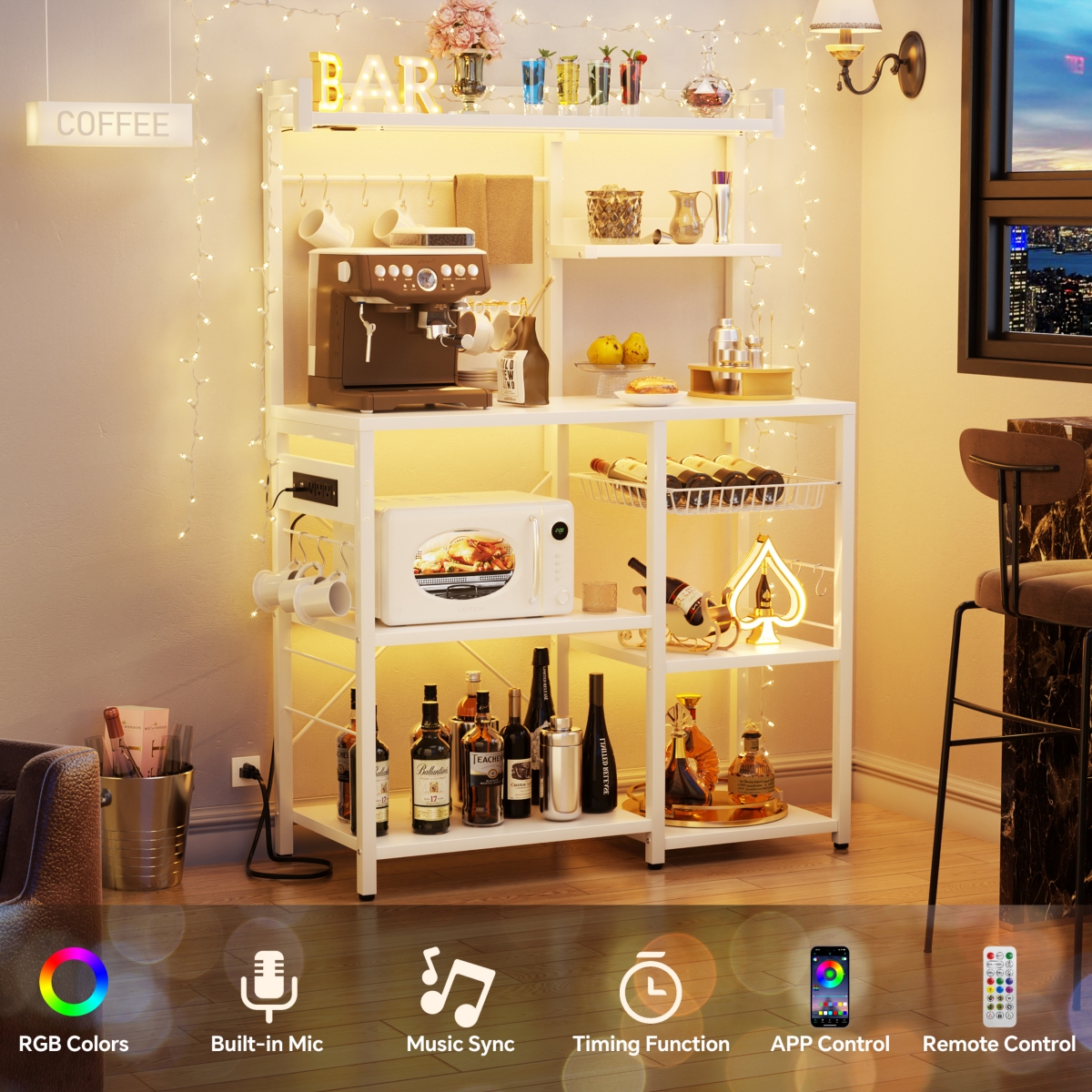 Aheaplus Kitchen Storage Shelf with Hooks, Coffee Bar Station with Power Outlets & Led Light, Bakers Rack with Pull-Out Basket