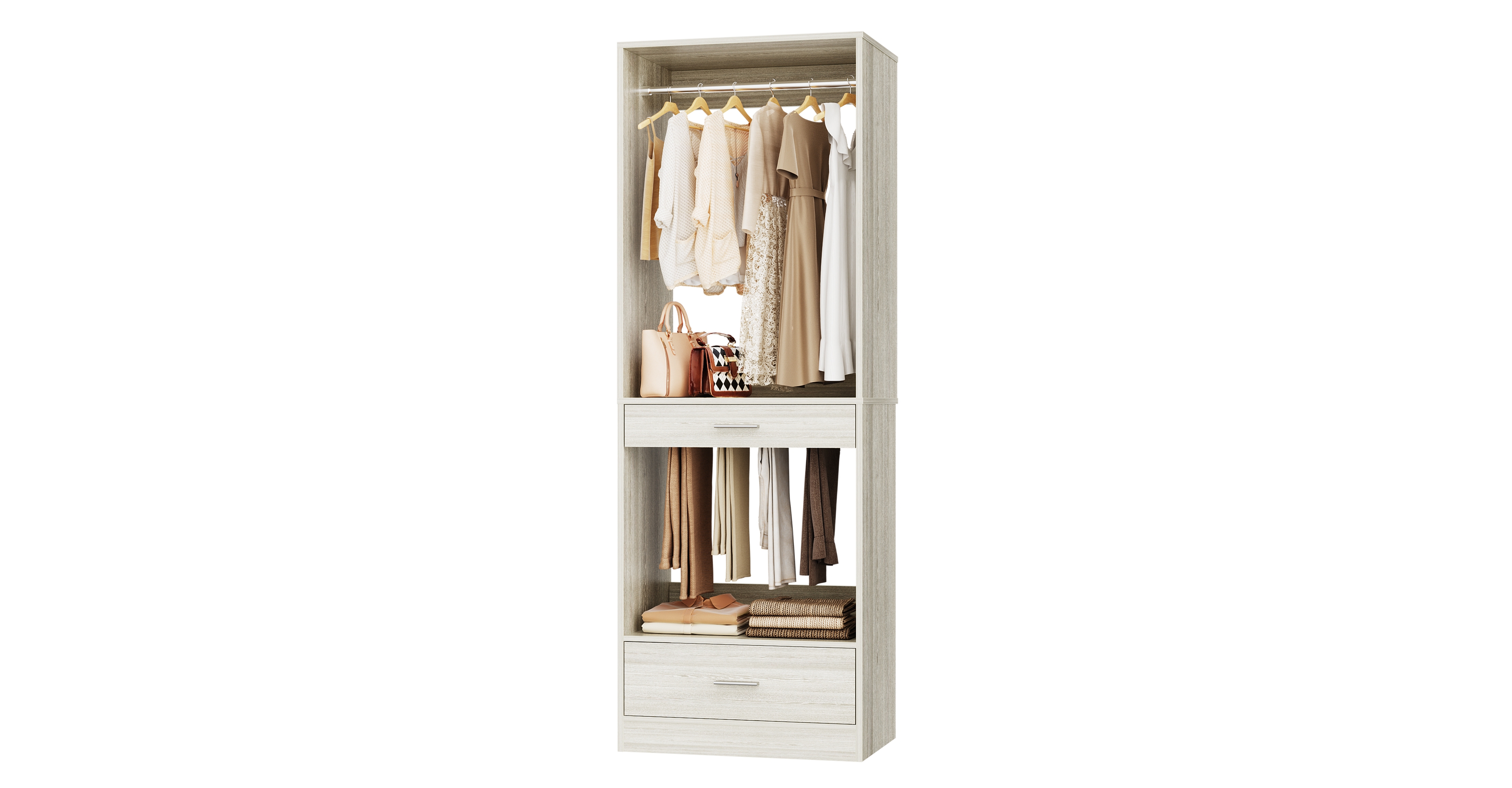 Aheaplus Closet System Organizer with Hanging Area, Freestanding Wooden Closet with Drawers