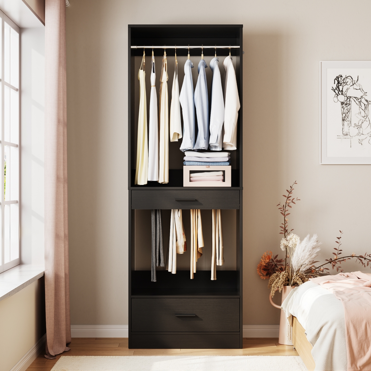 Aheaplus Closet System Organizer with Hanging Area, Freestanding Wooden Drawers