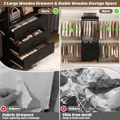 3 Wood Drawers and 4 Retractable Hanging Rods Adjustable Closet System