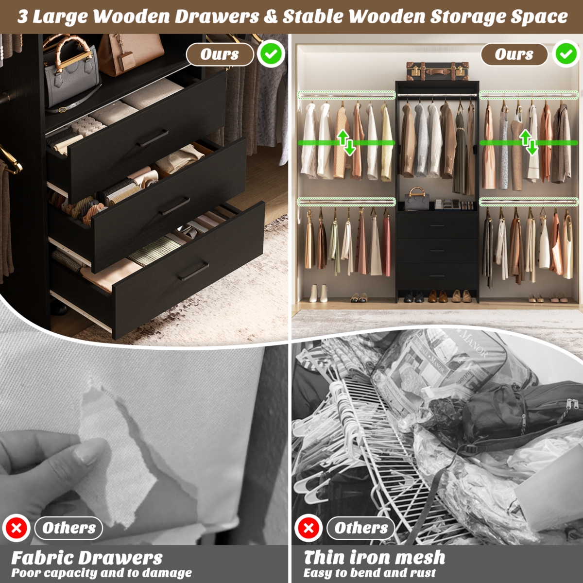 2-8 Ft Adjustable Closet System with 3 Wood Drawers and 4 Retractable Hanging Rods