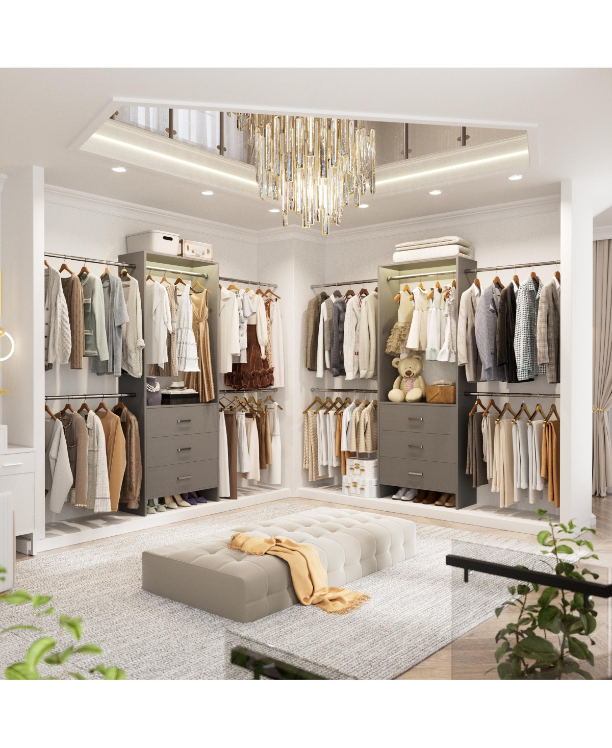 2-8 Ft Adjustable Closet System with 3 Wood Drawers and 4 Retractable Hanging Rods