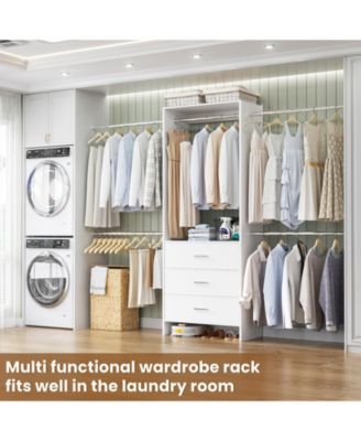 3 Wood Drawers and 4 Retractable Hanging Rods Adjustable Closet System
