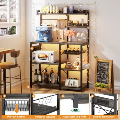 Kitchen Storage Shelf with Hooks, Coffee Bar Station with Power Outlets & LED Light, Bakers Rack with Pull-Out Basket