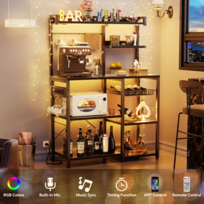 Kitchen Storage Shelf with Hooks, Coffee Bar Station with Power Outlets & LED Light, Bakers Rack with Pull-Out Basket