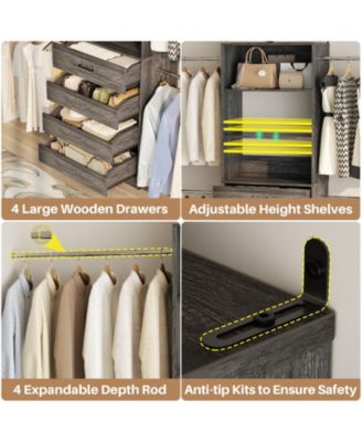 8FT Wall Mounted Closet System with 4 Drawers and 4 Hanging Rods, Garment Rack with Shelves