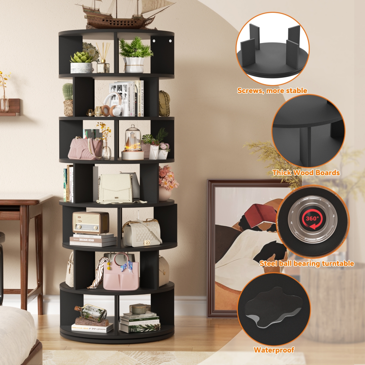 7-Tier Rotating Shoe Rack, 360° Display Wooden Revolving Rack Tower