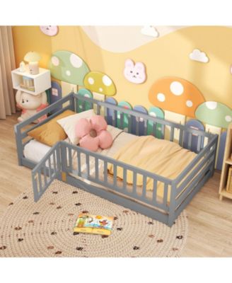 Twin Size Floor Bed w/High Fence & Door Safety Guardrails Wood Floor Bed Frame
