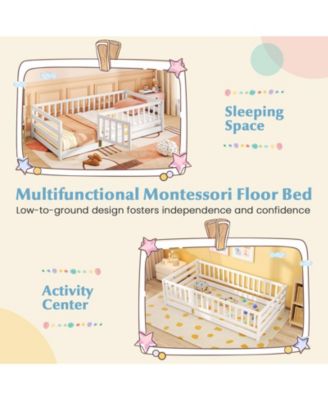 Twin Size Floor Bed w/High Fence & Door Safety Guardrails Wood Floor Bed Frame