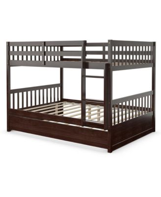 Full over Full Bunk Bed Platform Wood Bed w/ Trundle & Ladder Rail