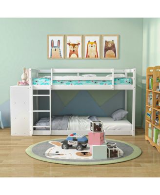 Twin Over Twin Bunk Bed Wood Frame Storage Shelves Ladder Guardrails Kids