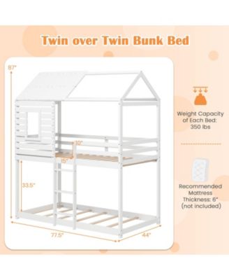 Twin over Twin House Bunk Bed Low-to-ground Bed Frame w/ Roof Solid Wood Bed