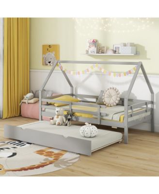 Twin Size House Bed w/ Trundle Wooden Kids Bed w/ Safety Rails & Decorable Roof