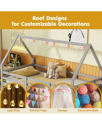 Twin Size House Bed w/ Trundle Wooden Kids Bed w/ Safety Rails & Decorable Roof