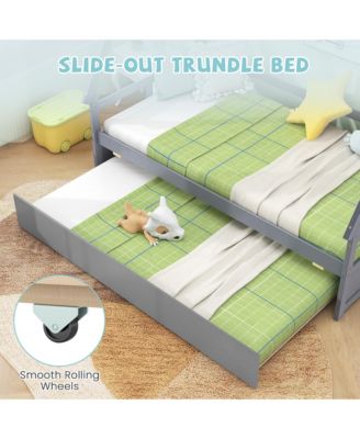 Twin Size House Bed w/ Trundle Roof & Safety Guardrail Wood Slat Support