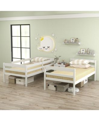 Twin Over Twin Bunk Bed Wooden Convertible Into 2 Beds High Guardrails