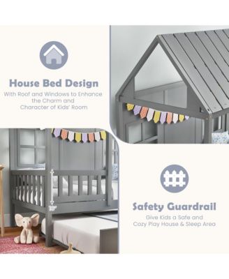 Twin Size House Bed with Trundle Fence Decor Wooden Windows Tall Roof