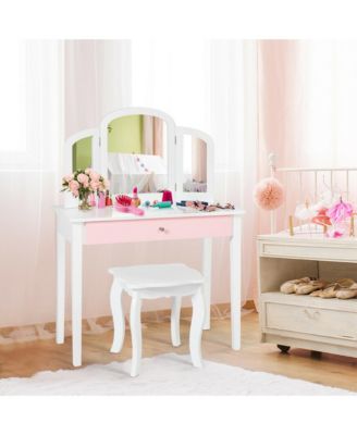 Kids Vanity Set with Tri-Folding Mirror and Chair – Princess Style Makeup Dressing Table