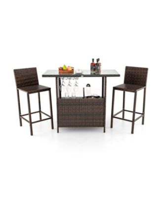 3PCS Wicker Bar Set Height Table 2 Stools w/3 Rows Stemware Racks Garden Patio