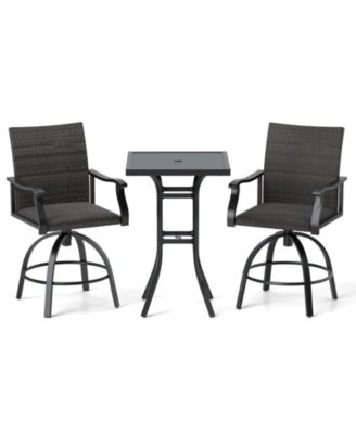 3 PCS PE Wicker Patio Swivel Bar Set Table & Chairs w/ Quick-Drying Foam