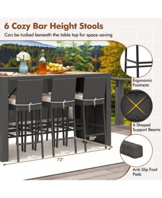 7 Pieces Patio Bar Set w/ Acacia Wood Tabletop & Removable Cushions Outdoor
