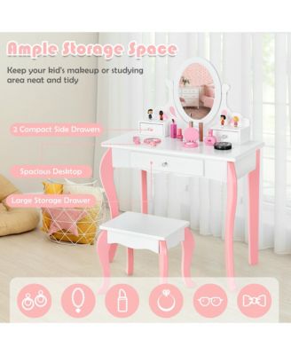 Kids Vanity Princess Makeup Dressing Table Stool Set W/ Mirror Drawer