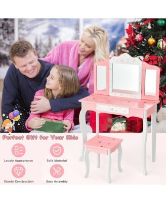 Kids Vanity Princess Makeup Dressing Table Chair Set W/ Tri-folding Mirror