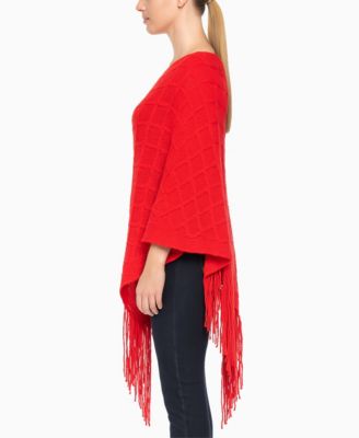 Women's Open Knit Fringe Poncho Sweater