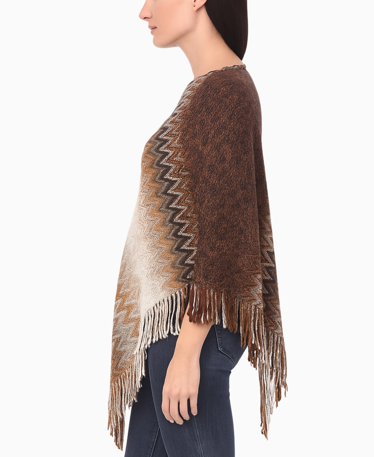 White Mark Women's Chevron Knit Fringed Hem Poncho Sweater In Multi