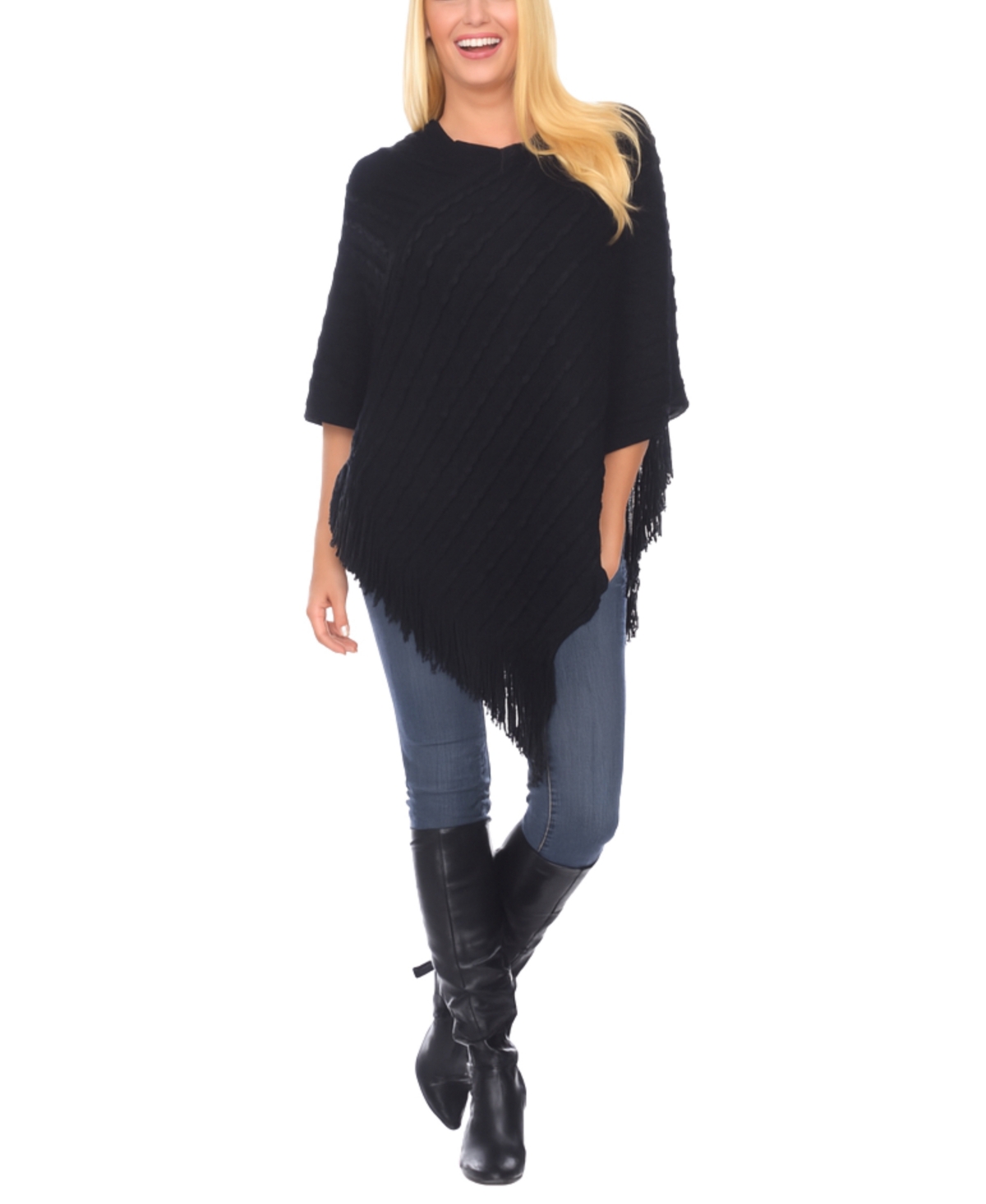 White Mark Women's Lightweight Textured Knit Poncho Sweater In Black