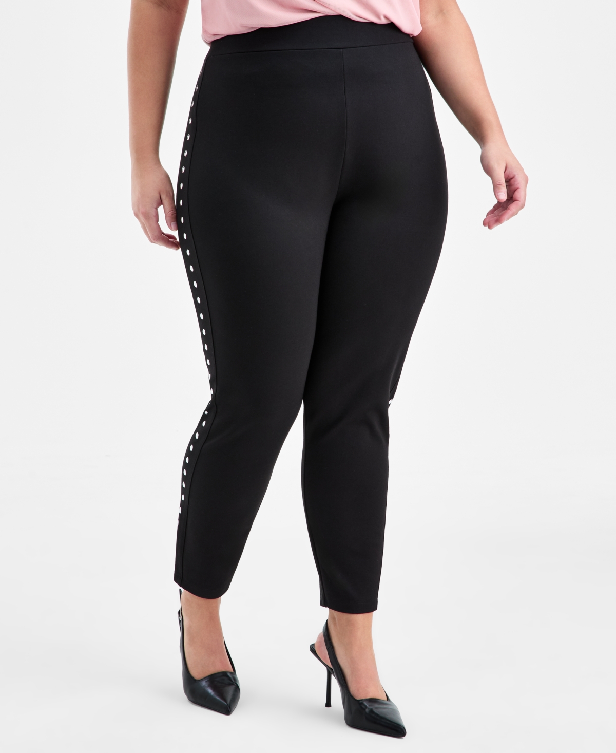 Bar Iii Trendy Plus Size Studded Pull-on Bodycon Leggings In Black