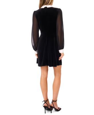 Women's Collared Sheer-Sleeve Velvet Mini Dress