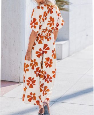 Women's V-Neck Botton Down Wide Leg Jumpsuit