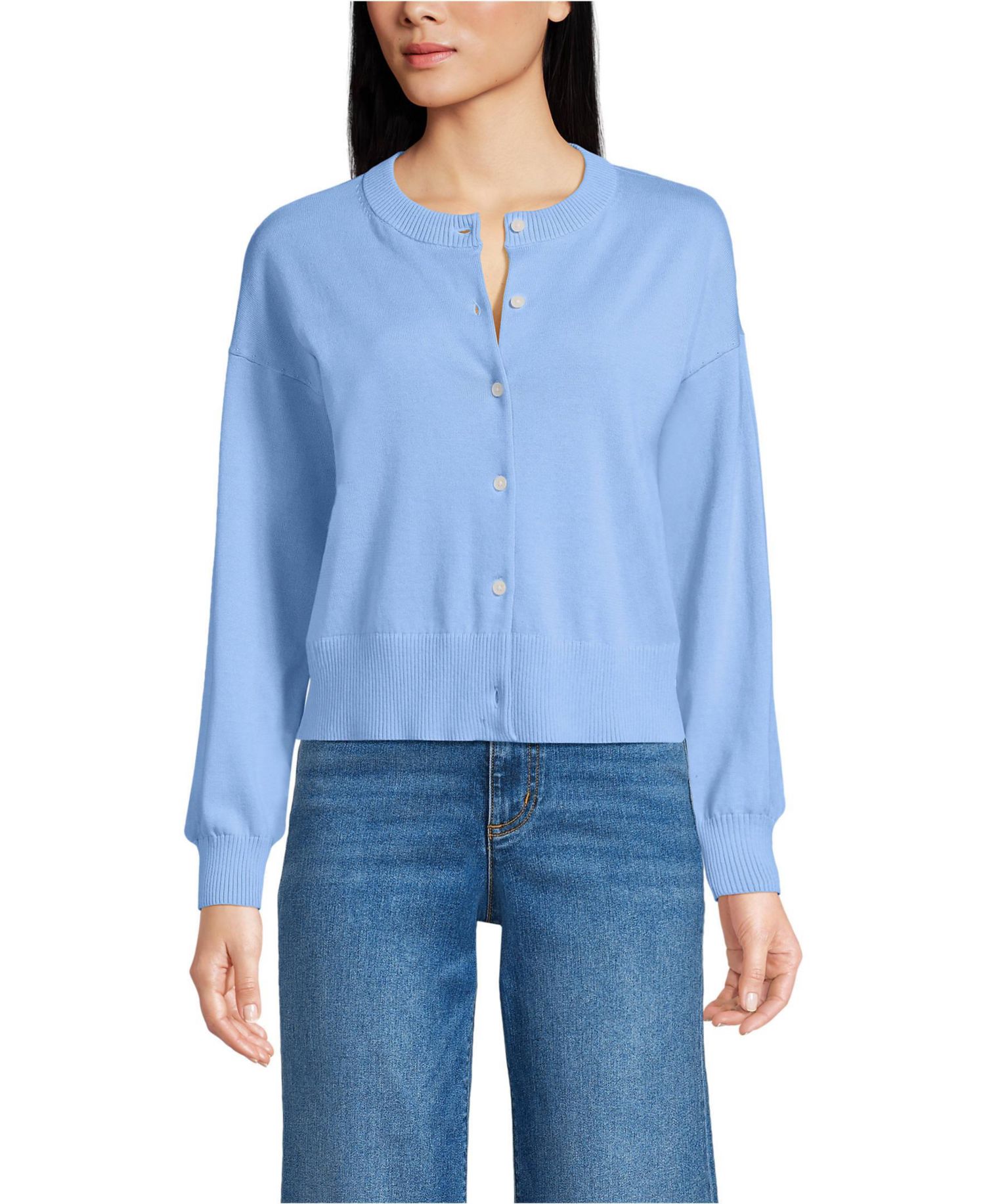 Women's Modern Length Fine Gauge Crew Neck Cardigan Sweater