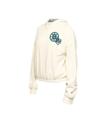 Men's Cream Boston Bruins Glam Game Quarter-Zip Cropped Floral Hoodie Pullover