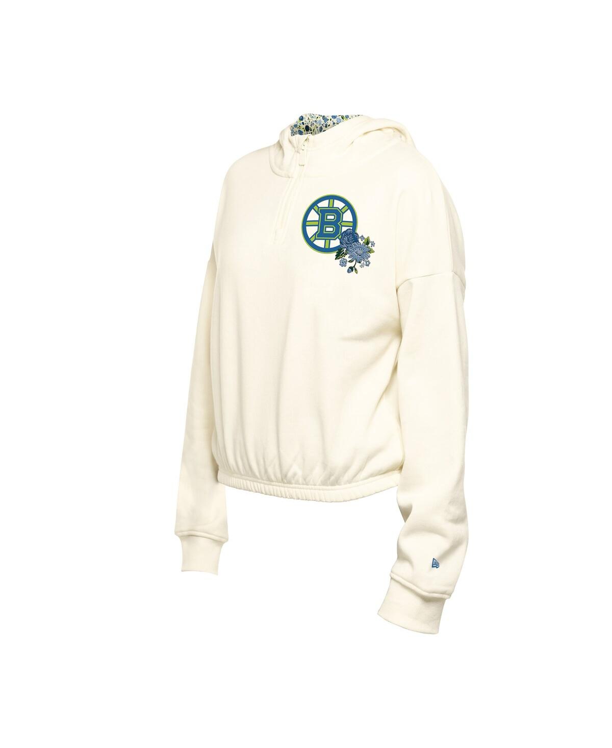 New Era Men's Cream Boston Bruins Glam Game Quarter-zip Cropped Floral Hoodie Pullover In White