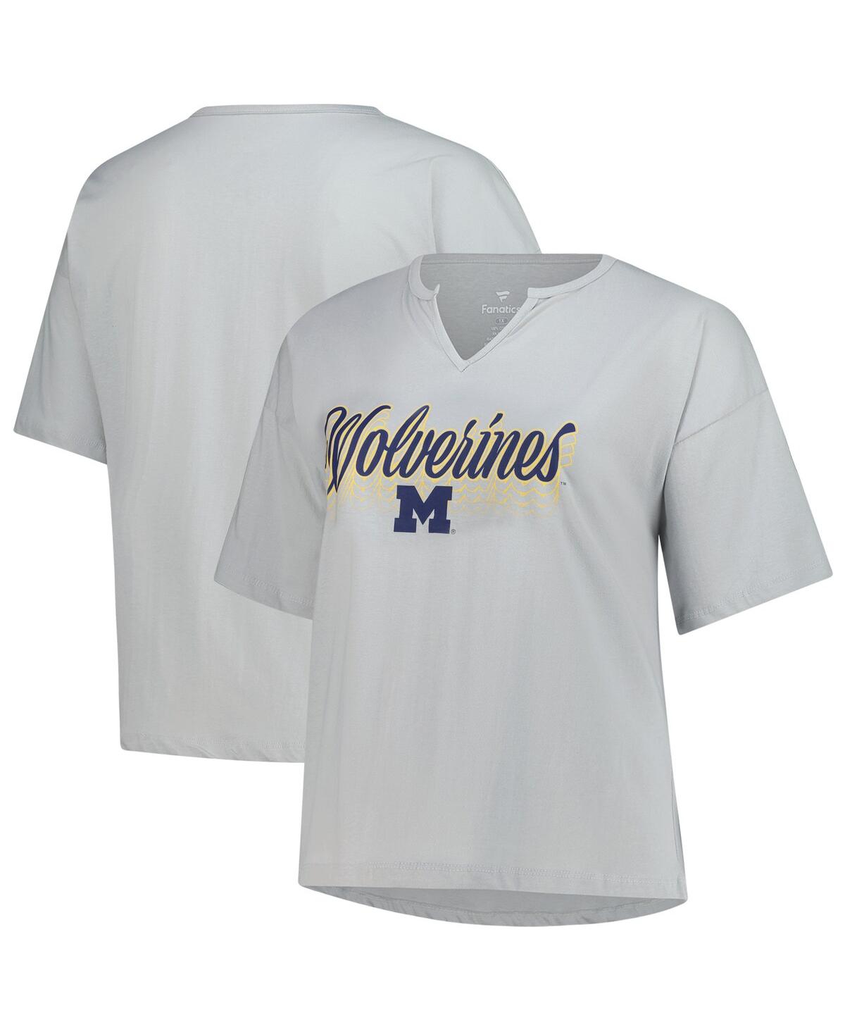 Fanatics Women's Gray Michigan Wolverines Plus Size Winning Gear Notch Neck T-shirt In Animal Print