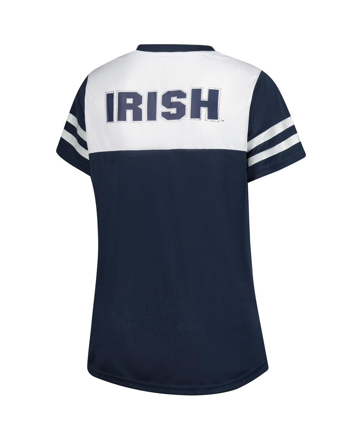 Fanatics Women's White Notre Dame Fighting Irish Plus Size Rhinestone Glitter Sleeve Stripe V-neck T-shirt In Blue