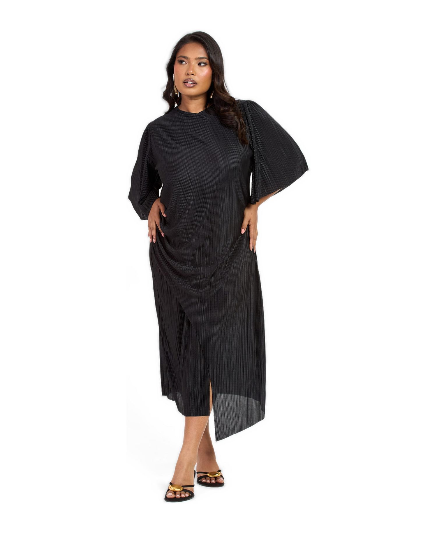 Women's FASHION-SZN Ruched Side Flutter Sleeve Midi Dress