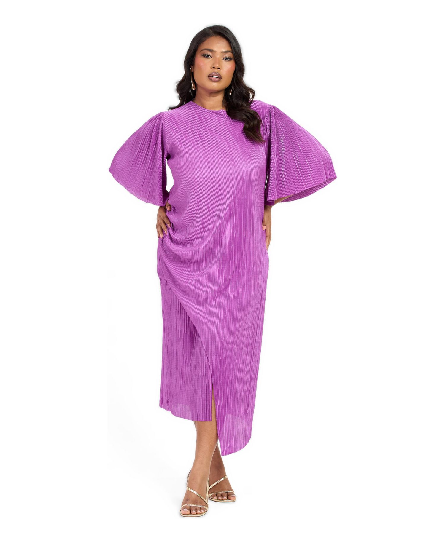 Women's FASHION-SZN Ruched Side Flutter Sleeve Midi Dress