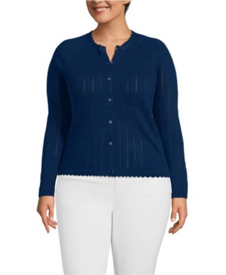 Plus Size Cotton Pointelle Satin Trim Cardigan Sweater