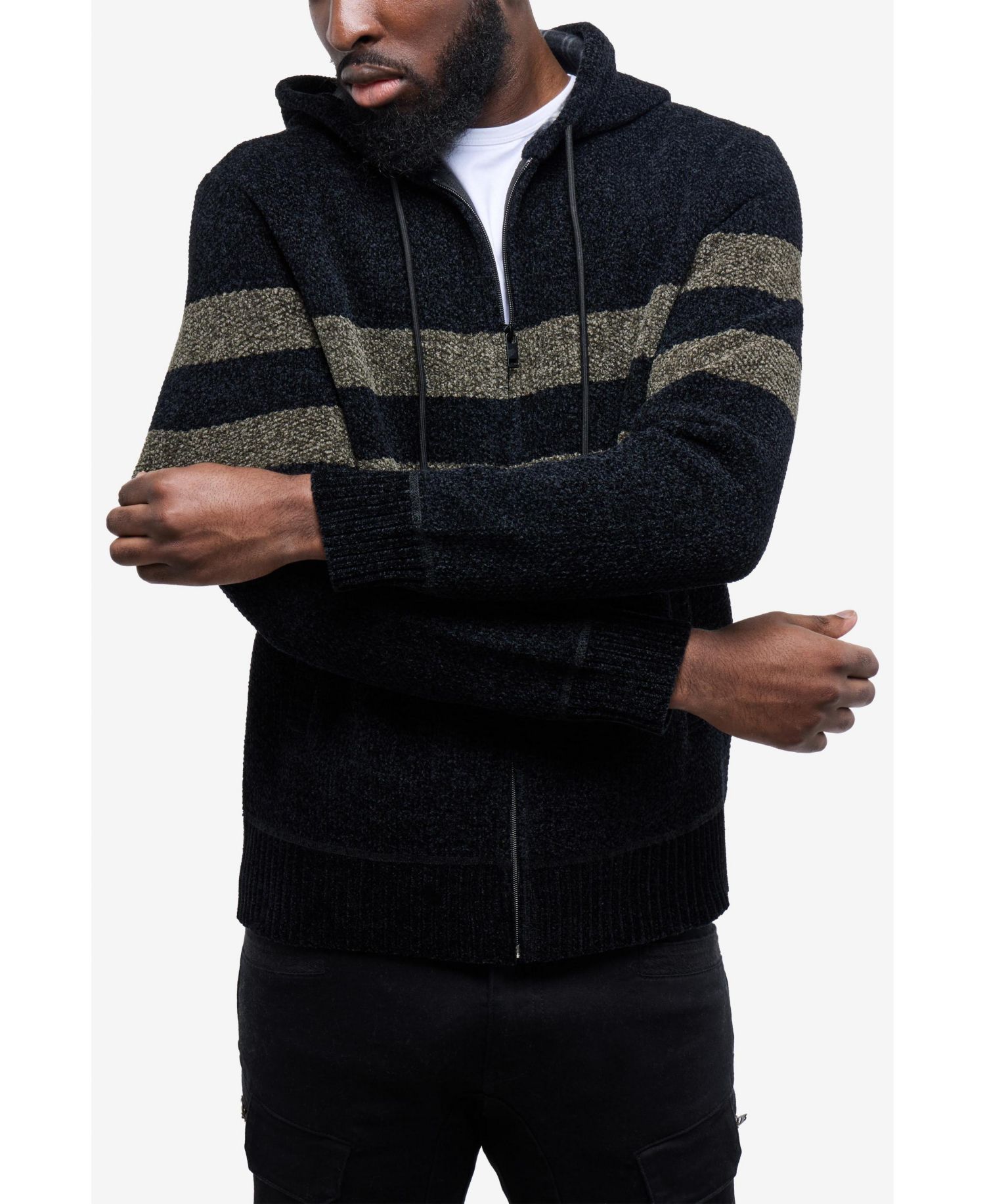 Men's Full Zip Hooded Sweater With Stripes And Flannel Lining
