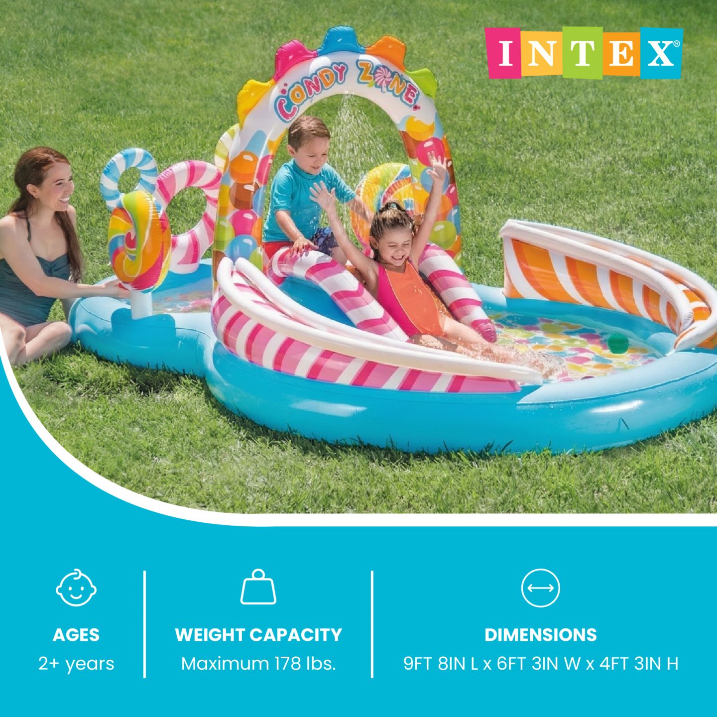 Детская игрушка Intex 9ft x 6ft x 51in Kids Inflatable Candy Zone Play Center Pool w/ Waterslide, цвет: Разноцветный — фото 2