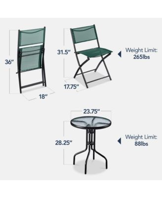3-Piece Patio Bistro Dining Furniture Set w/ Round Textured Glass Tabletop, Folding Chairs