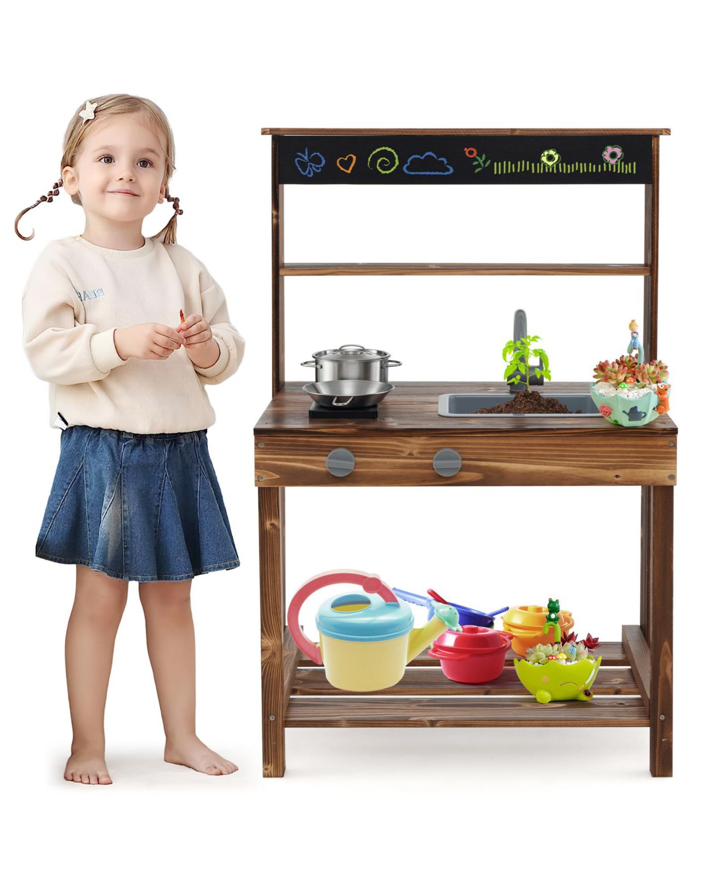Детские игрушки Costway Removable-Sink 3-Piece Mud Kitchen, Ages 3+, цвет: Натуральный — фото 5